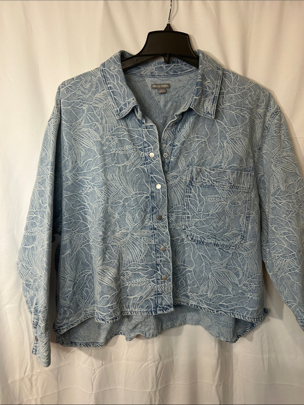 Falls Creek 100% Cotton Light Blue Embroidered Snap Button Shirt Jacket